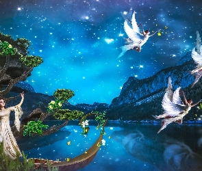 Jezioro, Noc, Góry, Fantasy, Dziewczyna, Elfy, Gwiazdy, Aniołki, Drzewa