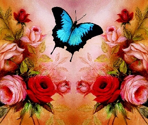 Obraz, Róże, Motyl, Niebieski, Rożowe, Czerwone