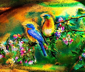 Kolorowe Ptaki, Paintography, Kwiaty, Gałązka
