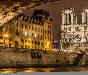 Notre Dame, Katedra, Latarnie, Francja, Noc, Paryż