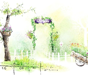 Drzewo, Ogórd, Wejście, Kwiaty