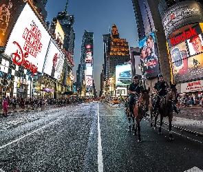 Konie, Miasto nocą, Ulica, Nowy Jork, Policjanci