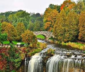 Park, Rzeka, Jesień, Wodospad, Drzewa, Most