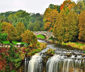 Jesień, Drzewa, Rzeka, Park, Most, Wodospad