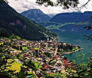 Gersau, Szwajcaria, Panorama, Jezioro, Góry, Miasto