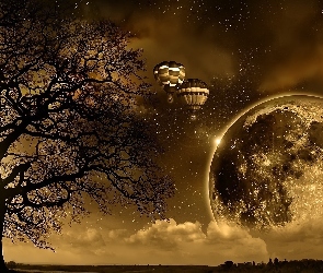 Księżyc, Fantasy, Drzewo, Balony, Gwiazdy