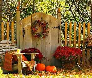 Jesień, Ogrodzenie, Kwiaty, Ogród, Dynie, Rower