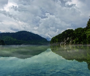 Jezioro, Mgła, Niebo, Chmury, Las