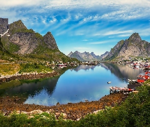 Lofoty, Norwegia, Kolorowe, Domki Rybackie, Góry