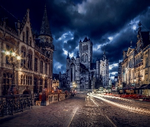 Miasto Nocą, Belgia, Budynki, Ulica