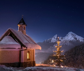 Noc, Kościół, Zima, Góry