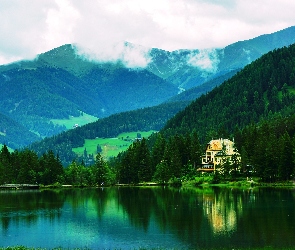 Jezioro, Lasy, Dom, Góry