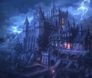Noc, Fantasy, Pioruny, Burza, Zamek