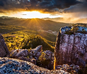 Góry, Zachód Słońca, Dolina, Skały