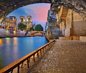 Paryż, Francja, Zmierzch, Rzeka, Bulwar, Katedra Notre Dame