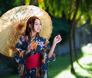 Parasolka, kimono, Uśmiechnięta, Azjatka