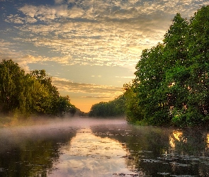 Rzeka, Drzewa, Słońca, Mgła, Zachód