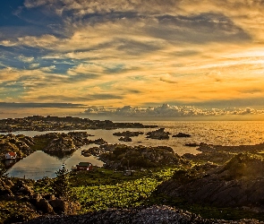 Zachód słońca, Rogaland, Chmury, Norwegia, Egersund, Wybrzeże, Morze Północne, Domki, Skały