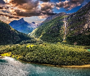 Góry, Wodospad, Norwegia, Dolina