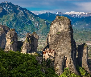 Klasztor, Grecja, Skały, Las, Góry