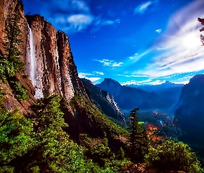 Stany Zjednoczone, Stan Kalifornia, Wodospad, Góry, Drzewa, Park Narodowy Yosemite
