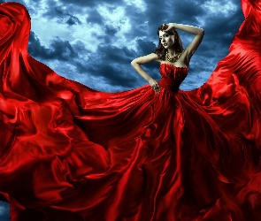 Kobieta, Chmury, Suknia, Niebo, Czerwona