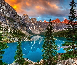 Prowincja Alberta, Kanada, Świerki, Jezioro Moraine, Góry, Drzewa, Park Narodowy Banff