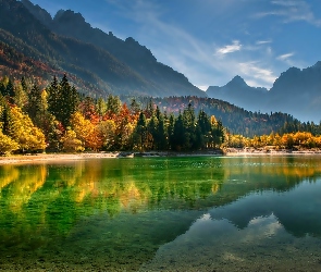 Góry, Słowenia, Jesień, Lasy, Jezioro