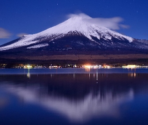 Góra, Noc, Japonia, Jezioro, Fuji