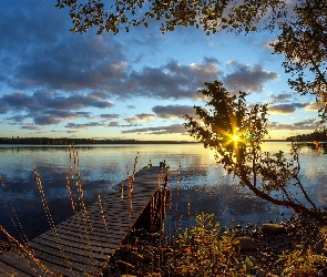 Jezioro, Promienie Słońca, Poranek, Pomost