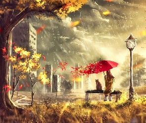 Deszcz, Domy, Jesień, Grafika, Parasol, Kot, Człowiek, Ławka, Drzewo