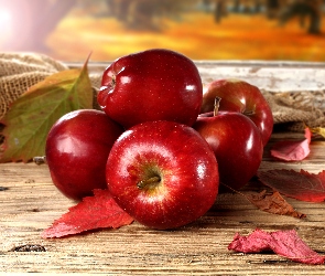 Czerwone, Jesień, Liście, Jabłka