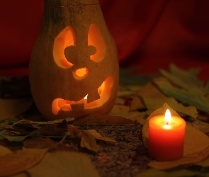 Świeczka, Halloween, Jesień, Liście, Dynia