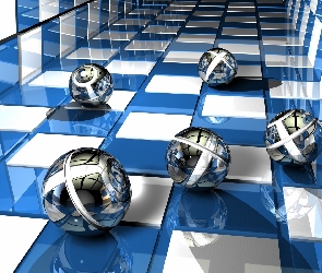 Kule, Grafika 3D, Tunel, Szachownica, Srebrne