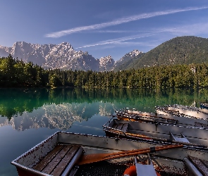 Jezioro, Las, Łódki, Góry