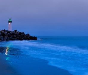 Plaża, Morze, Latarnia Morska, Noc