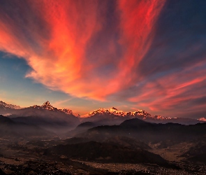 Tybet, Panorama, Zachód Slońca, Góry