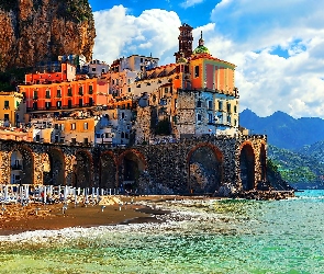 Positano, Włochy, Wybrzeże, Hotele, Góry, Zdjęcie Miasta, Morze
