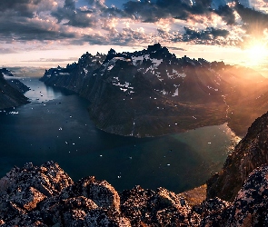 Wschód Słońca, Morze, Grenlandia, Góry