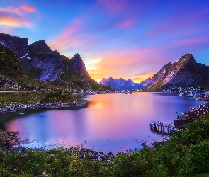 Góry, Jezioro, Norwegia, Osada, Lofoty, Domy