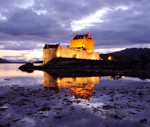 Noc, Szkocja, Zamek Eilean Donan, Jezioro Loch Duich