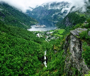 Miasteczko, Dolina, Fiord, Geirangerfjord, Norwegia, Góry