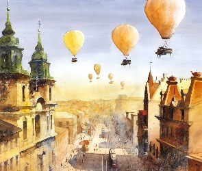 Balony, Przedmieście, Tytus Brzozowski, Akwarela, Warszawa, Krakowskie