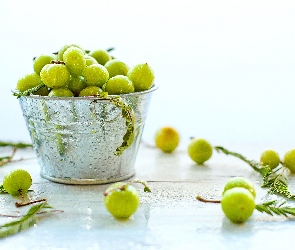 Wiaderko, Metalowe, Owoce, Zielone, Krople, Wody