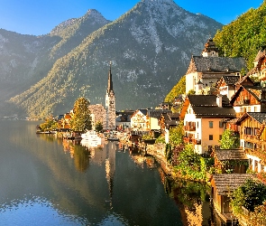 Góry, Jesień, Austria, Hallstatt, Jezioro