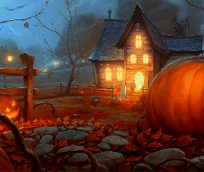 Dom, Halloween, Dynie, Noc