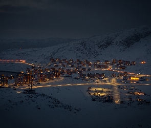 Miasto, Góry, Zima, Nocą, Grenlandia