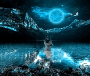 Fantasy, Kobieta, Księżyc, Jezioro, Noc, Góry