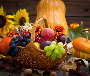 Koszyk, Winogrona, Jesienne, Owoce, Dynia, Jabłka