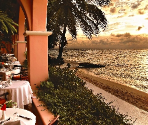 Morze, Wschód Słońca, Poranek, Plaża, Hotelowa Restauracja
